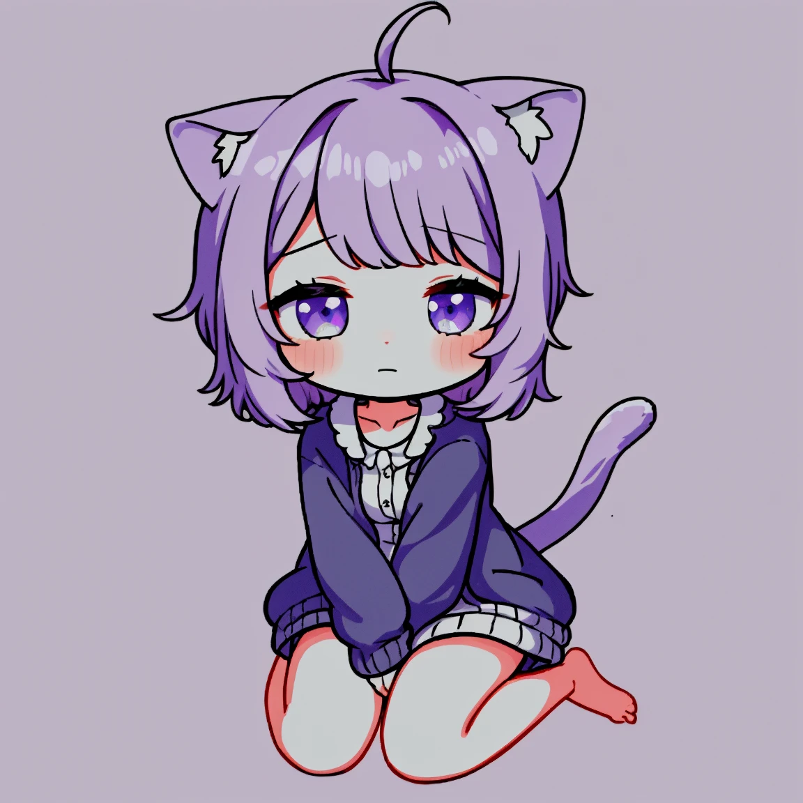 ((masterpiece)), (best quality), (ultra-detailed), photorealistic, (best illustration), ((an extremely delicate and beautiful)), 1boy, solo, medium hair, lilac cat ears, lilac hair, [:lilac cat tail under:0.2], full body, very young, Cute, angry, eating muffin, territorial, hiding food from viewer, purple eyes, shortstack, ???, Crumbs on cheeks, glasses, serious face, boyish face, young boy, shirt and pants, oversize clothes, lazy. 