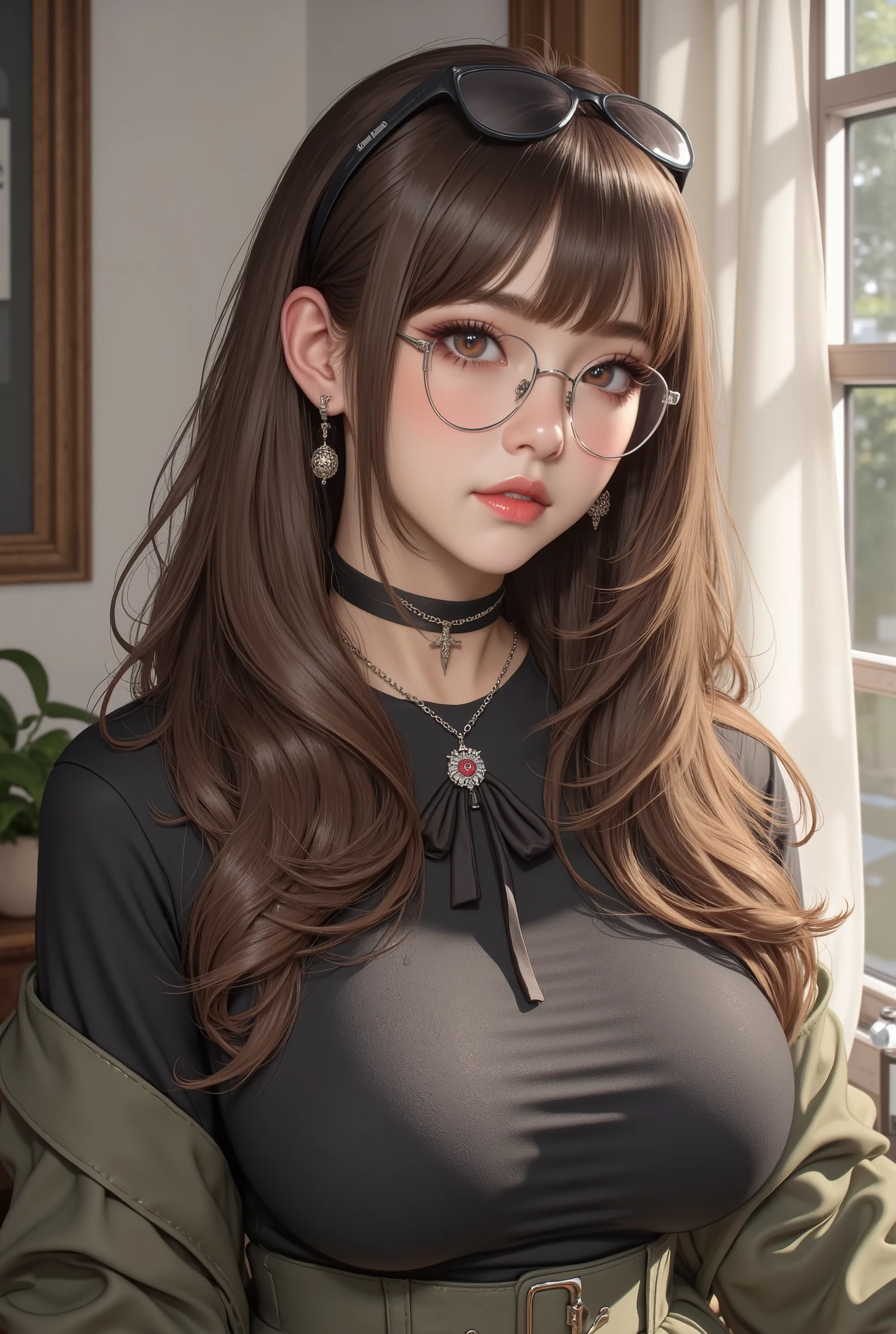 1 female,Brown Hair, ,((Anxious expression)),Small breasts、Small breasts,uniform,stylish,,(look forward to)(((blush、Surprised expression)),(((Curly Hair、Long Hair))),Frameless Glasses