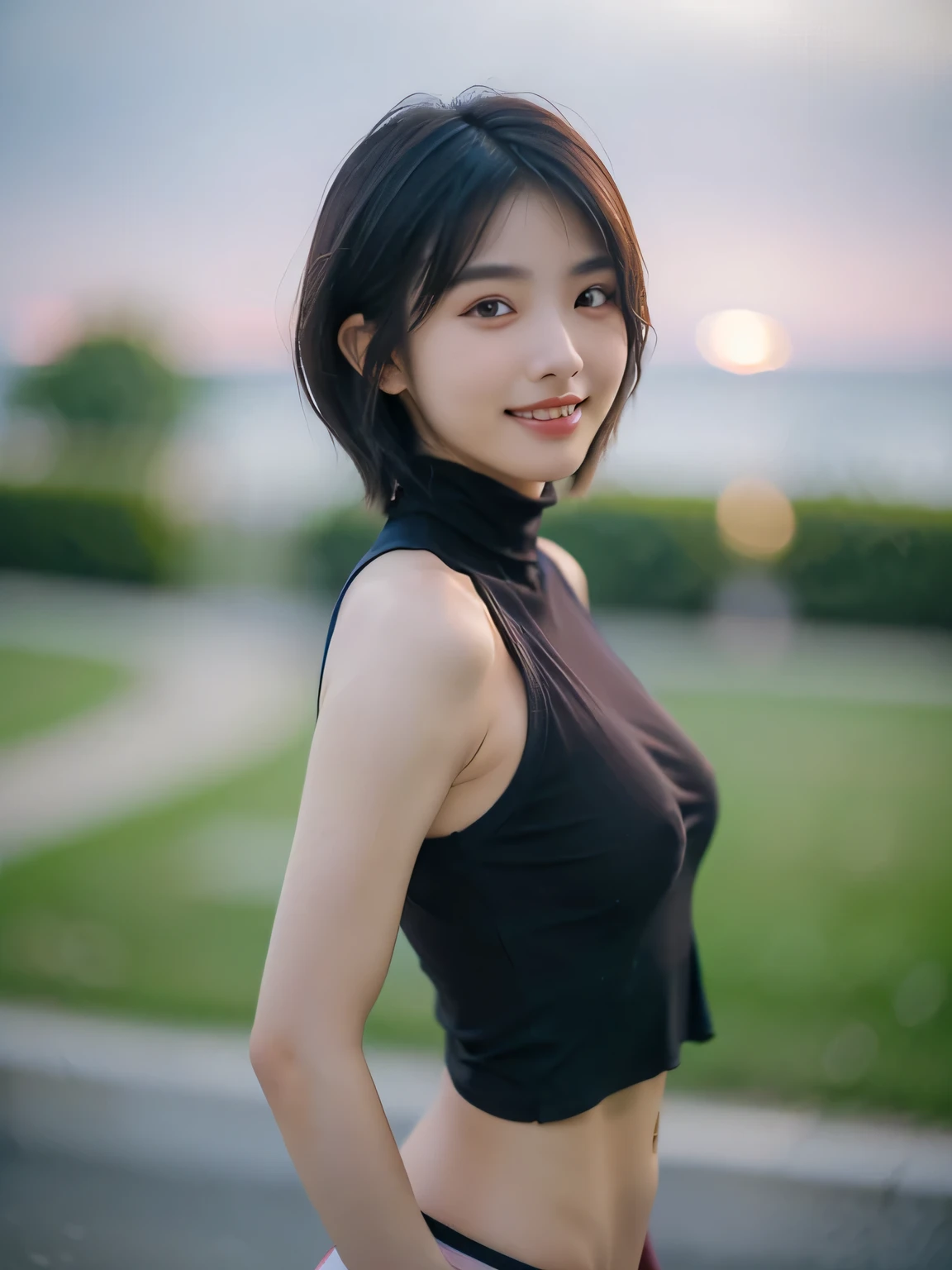 (Hyper Reality: 1.35), (Realistic: 1.4), A beautiful Japanese woman, smile, alone. masterpiece, 最high quality, high quality, alone, Very good, Latin, puberty, Only one girl, Well-trained, muscular, (((Slender figure)), ((slim body)),  ((最high quality)),((Hello)),((Very delicate and beautiful)),((Very shallow depth of field)), Hmph,((Incredibly shallow depth of field)). family friendly)), (((Very delicate and beautiful)), (((Very shallow depth of field))), Hmph, (((Unbelievably absurd))), (((Black Hair )), (((Shortcuts))), (((Bob Hair))), ((( Camera Eye)))), (((small ))), (((smile))), poor, my + background, Dynamic Angle, Focus on women, {Particles of light}, Detailed background, Soft lighting, (dramatic) , sunset, very beautiful sunset, Live Action, Realistic, (blurred background), ((11 years old)),, (((wind:1.5))), ((Movement)), ((emotion)), ((colorful)), ((Baby Face)), ((Beautiful Teeth)), Wither, sea background, No makeup, full body, high neck, Sleeveless, turtleneck,(((underboob))), (((sideboob))) , Very fair skin, (((Tight fit))),(((See through)))