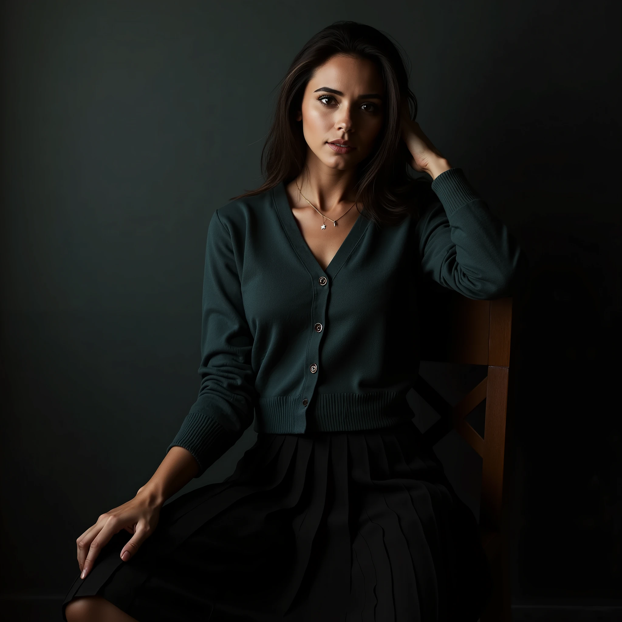  Ultra-realistic indoor portrait of an elegant woman sitting on a wooden chair against a dark textured wall. She has fair skin, long dark wavy hair loosely styled, and striking light-colored eyes. She is wearing a tight teal button-up cardigan with a deep neckline, revealing part of her purple bra, and a high-waisted black pleated skirt. She poses with a relaxed, thoughtful expression, resting one hand gently on her face while looking slightly to the side. A delicate gold necklace with a small star pendant adorns her neck. The lighting is soft and natural, enhancing the skin texture, fabric details, and subtle shadows for a sophisticated, intimate mood.