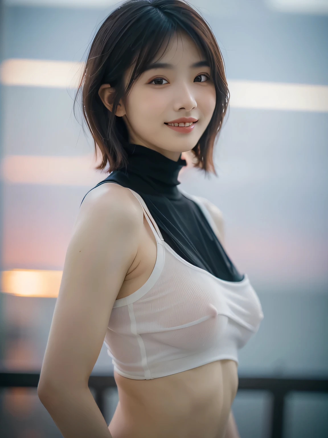 (Hyper Reality: 1.35), (Realistic: 1.4), A beautiful Japanese woman, smile, alone. masterpiece, 最high quality, high quality, alone, Very good, Latin, puberty, Only one girl, Well-trained, muscular, (((Slender figure)), ((slim body)), ((super extra gigantic breasts)), ((最high quality)),((Hello)),((Very delicate and beautiful)),((Very shallow depth of field)), Hmph,((Incredibly shallow depth of field)). family friendly)), (((Very delicate and beautiful)), (((Very shallow depth of field))), Hmph, (((Unbelievably absurd))), (((Black Hair )), (((Shortcuts))), (((Bob Hair))), ((( Camera Eye)))), (((small ))), (((smile))), poor, my + background, Dynamic Angle, Focus on women, {Particles of light}, Detailed background, Soft lighting, (dramatic) , sunset, very beautiful sunset, Live Action, Realistic, (blurred background), ((11 years old)),, (((wind:1.5))), ((Movement)), ((emotion)), ((colorful)), ((Baby Face)), ((Beautiful Teeth)), Wither, sea background, No makeup, full body, high neck, Sleeveless, turtleneck,(((underboob are visible))), (((sideboob are visible))) , Very fair skin,