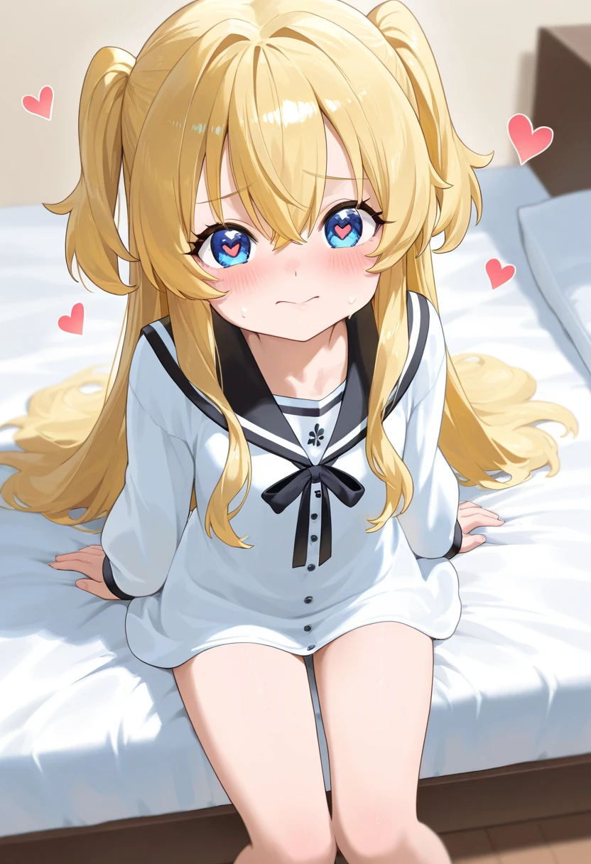 pretty girl、Young face、Blonde、Twin tails、Wavy Hair、Pink eyeischievous face、Spoiled brat、uniform、（Sailor suit）、Immature body、Small breasts、Sticking out tongue、Long and cute tongue、smile、Sweat、sexy panties、（Thick thighs:1.5）