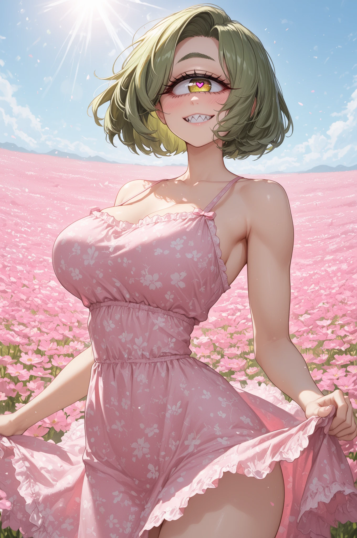 masterpiece, best quality, detailed, 1girl, flower field, leaning forward, huge breasts, cumulonimbus clouds, flower sundress, blonde|green hair