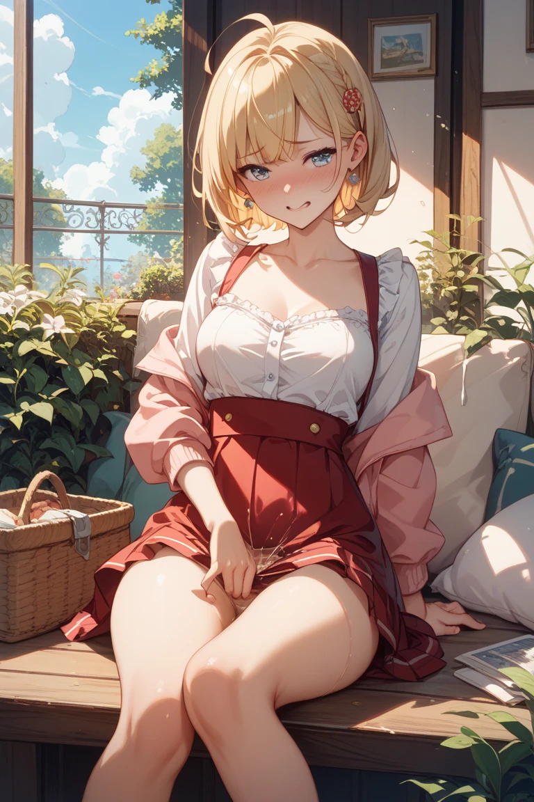 (masterpiece),best quality, expressive eyes, perfect face, 1girl,
big breast, H-cup, good breast, beautiful, gorgeous,anime,girl,lora, floating clothes,w sitting, w sitting on ground, legs on ground, Hands between thighs, arms between legs,aki shizuha,1girl,aki shizuha, blonde hair, short hair, yellow eyes, leaf hair ornament,red shirt,skirt,long sleeves,curtain chest ,