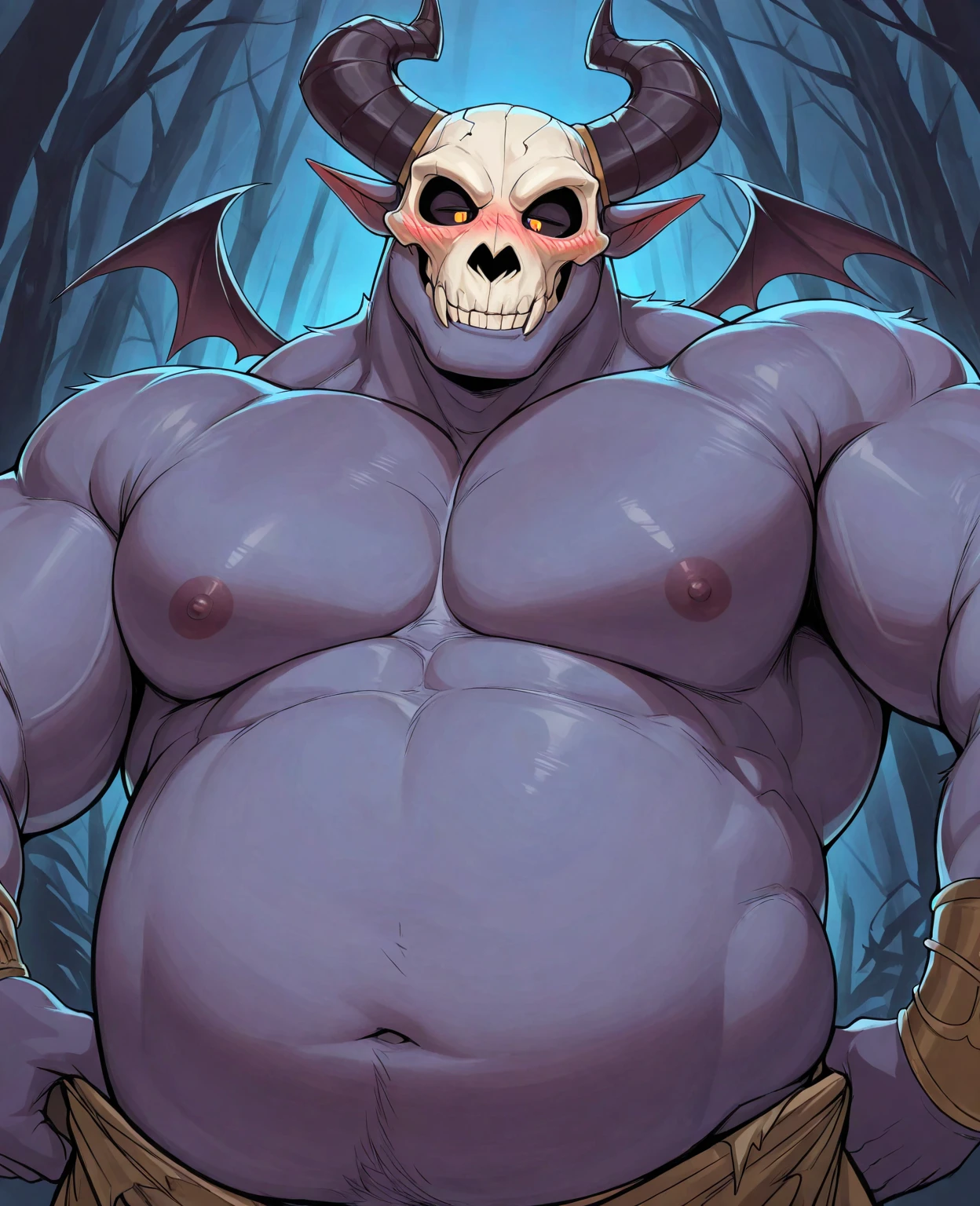 Uploaded on E621, ultra-high detailed, absurd res, RAW photo, by haps, (by takemoto arashi:1.1, by null-ghost), ((by acstlu:1.2)), (by jrjresq), by teaselbone, (by jerseydevil), by Kygen, (detailed eyes), detailed irises, (detailed irises), detailed eyes, (orange eyes), orange eyes, (black sclera:1.3), black sclera, (skull head:1.3), skull head, masculine, thick neck, (fat belly), round belly, (musclegut), musclegut, ((muscular neck)), thick neck, (muscular), (masculine), (demonic), demon, (wearing black leather bondage gear:1.3), (arms behind head:1.3), arms behind head, (crotch bulge), crotch bulge, sexy, (t-rex:1.3), t-rex, saurian, (white scales), white scales, (white body), dinosaur, (glowing eyes), glowing eyes, (half lidded eyes), half lidded eyes, (looking at viewer), view to viewer, ((three quarter close half body shot:1.8)), (three quarter half body focus shot:1.6), three quarter shot, (standing at a creepy demonic scary ancient underground tomb:1.3), (dark scary atmosphere), (sharp focus:1), ((cel shading)), detailed environment, ((digital media), (masterpiece), (8k), detailed background, cinematic, male focus, (male focus),(solo:1.2), ((perfect ???????)), best quality, good quality,  