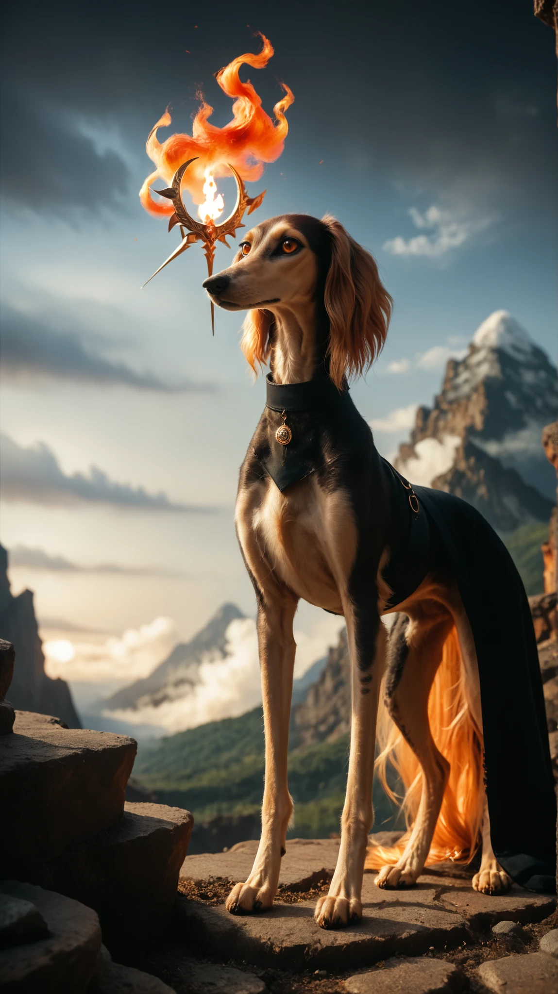 girl standing wearing flaming crown and a regal dress. Set against a volcano with red skies backdrop that is covered in flames. saluki, greyhound, borzoi, sighthound, beautiful eyes, golden eyes, paws, (black fur), flat chest, monsterlora