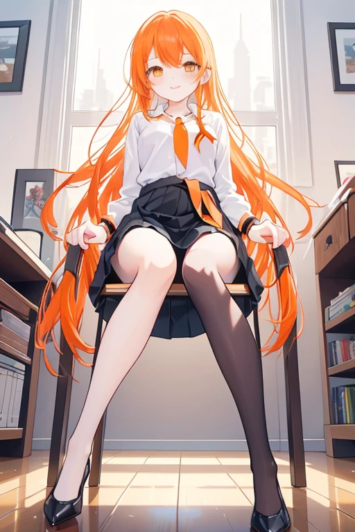 (Masterpiece), Best Quality, ultra-detailed, 1girl (Gwendolyn_Tennyson,  Slender and sexy body, lovely small breasts, orange hair, long wave hair, green eyes, half-closed eyes, spectacles), a come-hither face, smirk , parted lips, nose blush, blush, facing viewer, looking at viewer, solo, business suits, business jacket,  dark blue jacket, white y-shirts(buttons), necktie,  pleats skirt,dark blue skirt, black lace thighhighs, in the classroom, night time, , sitting,  sitting on desk, spread legs, black lace panties, come-on, lure,, Sexy waist teasing,  , from_below , full body 