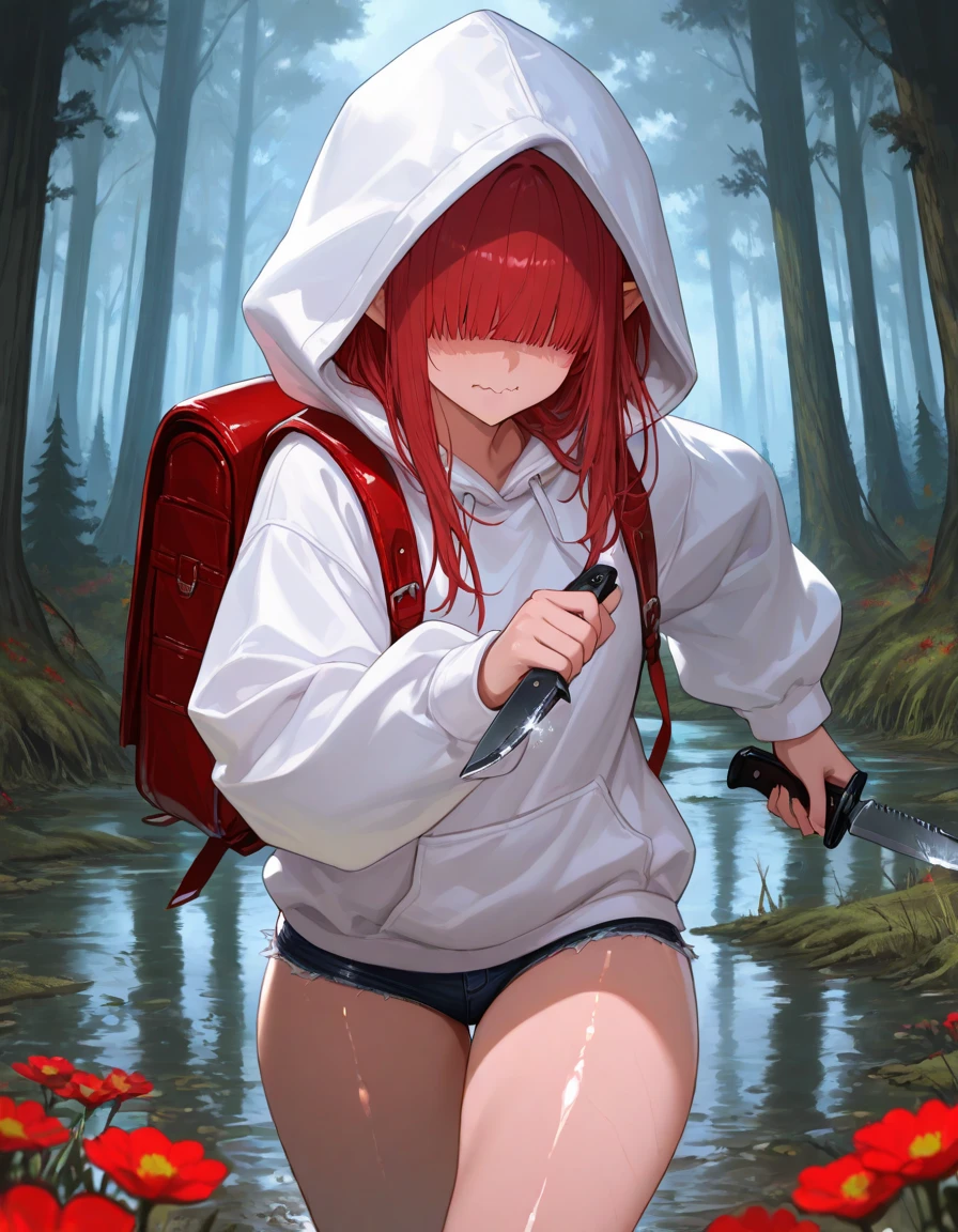 (masterpiece:1.2, best quality), (highly detailed:1.3), 1girl, 17yo girl, ginger, (white panties), (red hoodie), backpack, walking in the forest, from behind, dark, spooky,