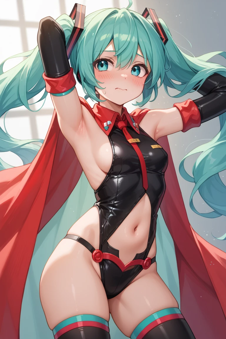 masterpiece,1girl,solo,green hair,big blue eyes,twintail,mecha head gear,blush,smiling,navel,cleavage, sarashi,paw pose,Put your hands on the ground、Raise your buttocks high, red pantie, black elbow gloves, red fingers