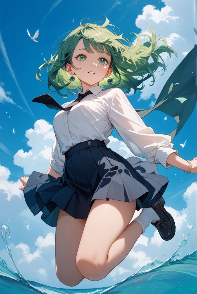green hair,green eyes,please open your eyes wide、open your mouth、tears in my eyes、(collar),(lead)、elementary school girl、((Navel skirt))、Transparent、(((hold the pussy with both hands)))、frilly clothes、10 years old、lolicon、((Spread your legs and float in the air))、shining outline、(((Roll up your skirt and show me your panties)))