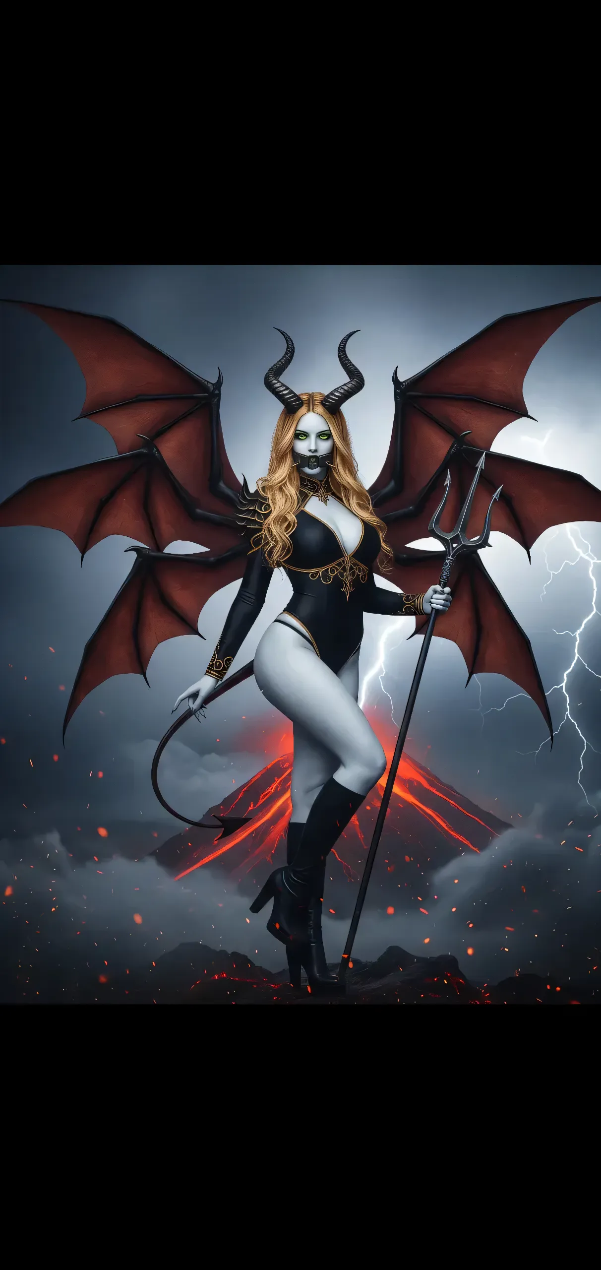 Ultra-detailed Stormy Daniels stands atop a pile of burning ruins, Her diabolical and insidious presence radiating from her dark crown and black and red evil queen dress......................................................... Her demon wings on her back and demon horn give her an invincible aura as she unleashes a powerful wave of destruction with a single gesture................................................................................................................