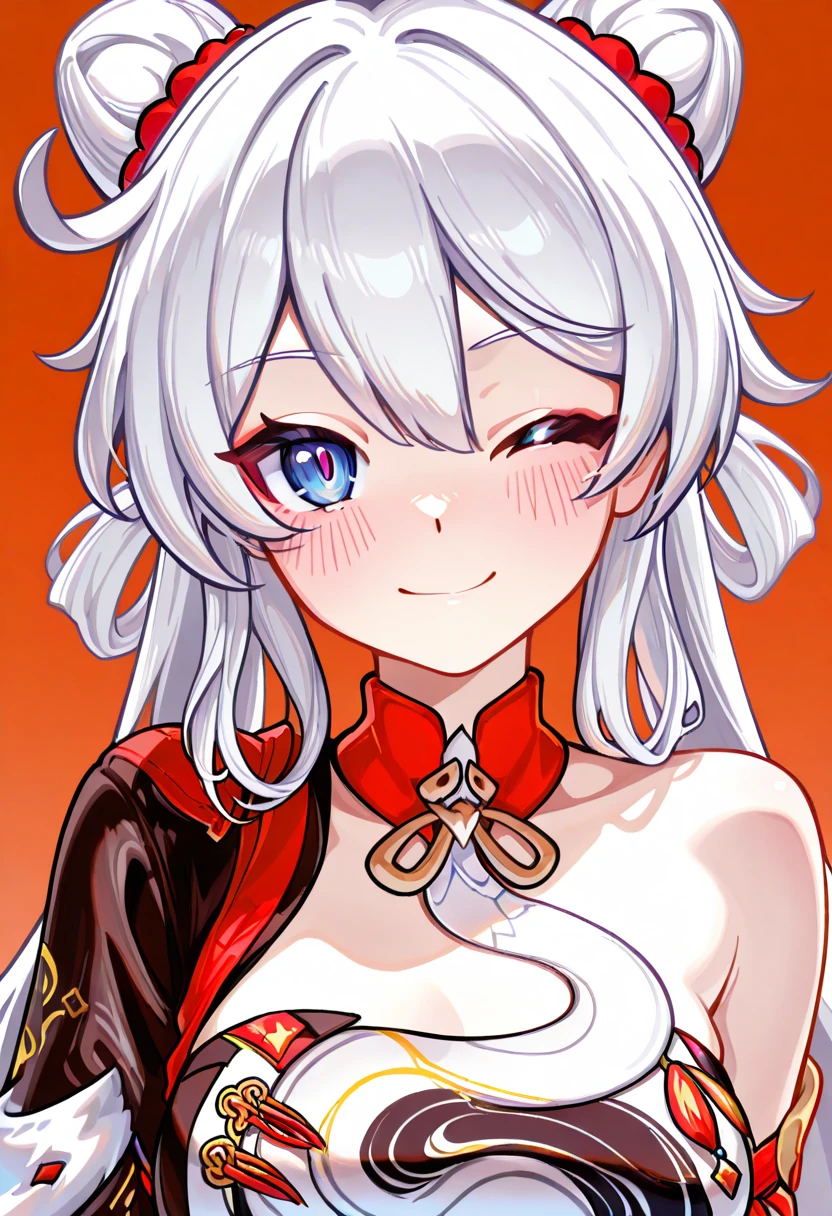 (masterpiece, best quality:1.4), 1 girl, 独奏, Anime style, Red pupil, Blurred eyes, Smile, Slightly look up, Pink lower lip, Left index finger touching face, Silver asymmetrical hairstyle, Long bangs on one side, High ponytail royal sister, Huge breasts, Dress dress, Vision, Pink background.
