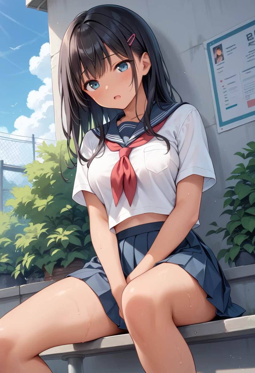 From above, (Close ~ eyes:1.2) One Girl, blush, sit, beautiful girl,skirt, Anime move,Two Side Up、(Gloss Lip)、Thick lips,Kissing Face,Open your mouth、Sticking out tongue、saliva、Black Hair