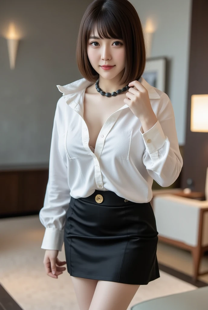 He wore a business shirt with a plunging neckline、Elegant upper-class elite secretary, Working in the office、厳格なsuitを着ている, Wearing pantyhose、Wear high-quality high heels、 Girl in a shirt, suitを着ている, suitを着ている, suitを着て, Businesswoman, Business Wear, 黒のsuitを着ている, Wear a shirt and a mini skirt, suitを着た女性, suit, ビジネスsuit, RAW Photos, (8k、Highest quality、masterpiece:1.2)、(Intricate details:1.4)、(Photorealistic:1.4)、Octane Rendering、Very detailedな複雑な 3D レンダリング, Soft studio light, Rim Light, Sharp details, Very detailed, Realistic skin texture, face, Beautiful and detailed, Very detailed CG Unity 16k 壁紙, Compensate, (Detailed Background:1.2), Exposed thighs!!!,(Open Leg 1.5).Panties Pensive Lingerie), The blouse has a wide opening at the chest..., Exposed Skin, Protruding nipples.