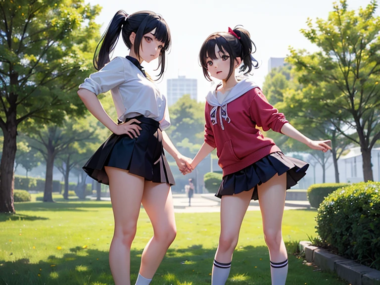 A girl in a garden,feeling the summer sunshine,with black hair,ponytail and wearing a miniskirt,standing with her legs apart,leaning forward,placing both hands on a hydrant. (best quality,4k,8k,highres,masterpiece:1.2),ultra-detailed,(realistic,photorealistic,photo-realistic:1.37),illustration,beautiful detailed eyes,beautiful detailed lips,extremely detailed eyes and face,long eyelashes, cheerful expression, vibrant colors,soft sunlight,Open-chested clothing