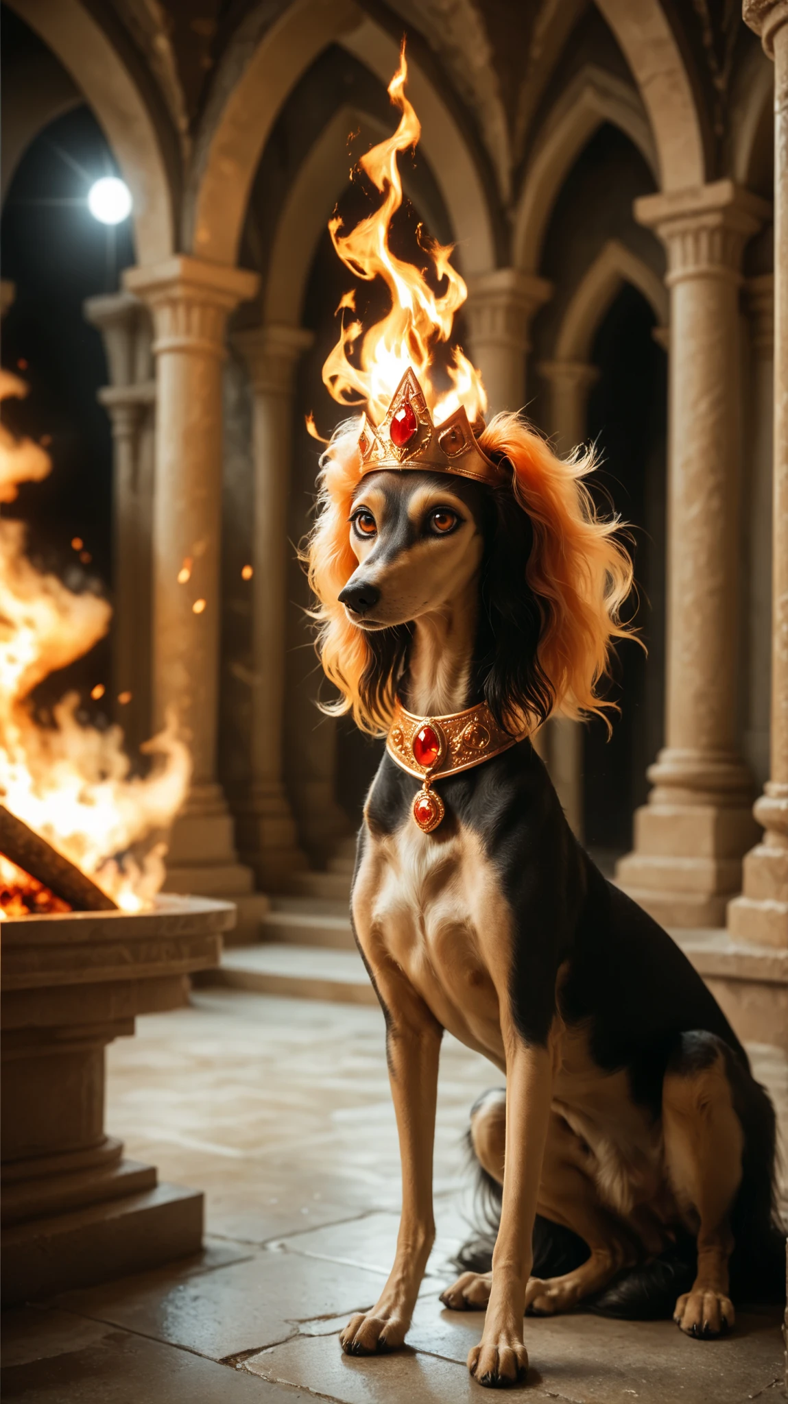 girl standing wearing flaming crown and a regal dress. Set inside a volcano with red skies backdrop that is covered in flames. saluki, greyhound, borzoi, sighthound, beautiful eyes, golden eyes, paws, (black fur), flat chest, monsterlora