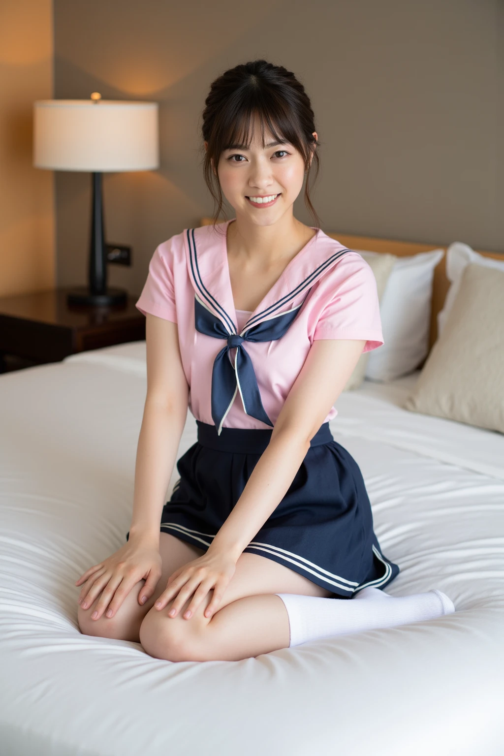 (Masterpiece, Best quality:1.3), (Ultra realistic, Photo-realistic:1.2), kneeling, Natural light, 28 years old actress, Japanese beautiful 2 women, Neat and clean, (School uniform Short sleeve white shirts:1.1), (Black pleated skirt:1.1), (Red scarf), (all unbutton shirts:1.3), White sock, (Ponytail:1.2), (Beautiful faces), Oval face, clear, Beautiful eyes, Kind eyes, Clear skin, Small face, Beautiful mouth, Small mouth, Natural makeup, Approachable, Seductive smile, (Seductive pose:1.2), Beautiful thighs, Bedroom eyes, Embarrassed, Blush, Luxury hotel Suite room, On bed, (nsfw:1.3), (lesbian couple:1.2), (petting together:1.1), obscene reality of girls, Spread legs,