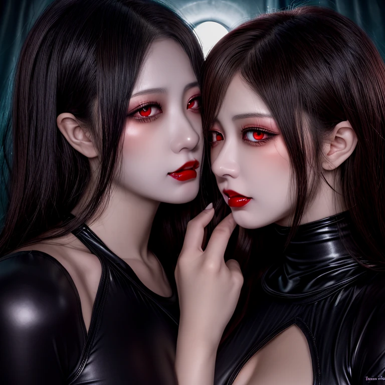 The highest image quality, pending details, ultra-high resolution, (真实感: 1.4), the best illustration, favor details, Highly condensed 1girl, with a delicate and beautiful face, Asian characteristics, long straight hair, Bblack hair, skin fair, eyes browns, lips, blush, breasts big, necklase, black gown, make-up, black eyeshadow, red lipgloss stick, A vampire, Grinning (best quality, ultra details, photorrealistic: 1.39), dark colours, studio lighting, romantic expression, seducer, dark scenery