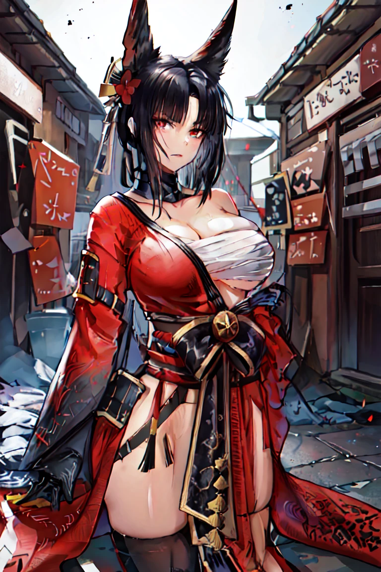 (Browsing Caution), (RAW Photos), (Realistic), (Photorealistic), Ultra-high resolution, masterpiece, Highest quality, Portraiture, facial Portraiture, Perfect lighting, Detailed lighting, Dramatic Shadows, Ray Tracing, Pure Eros Face_v1, Urzan-6500-v1.1, ((cowboy shot:1.2)), ((cleavage)), ((random sexy pose)), looking at viewer, ((wearing a samurai armor)), ((holding a Japanese sword)), ((in old Japanese street)), ((night)),