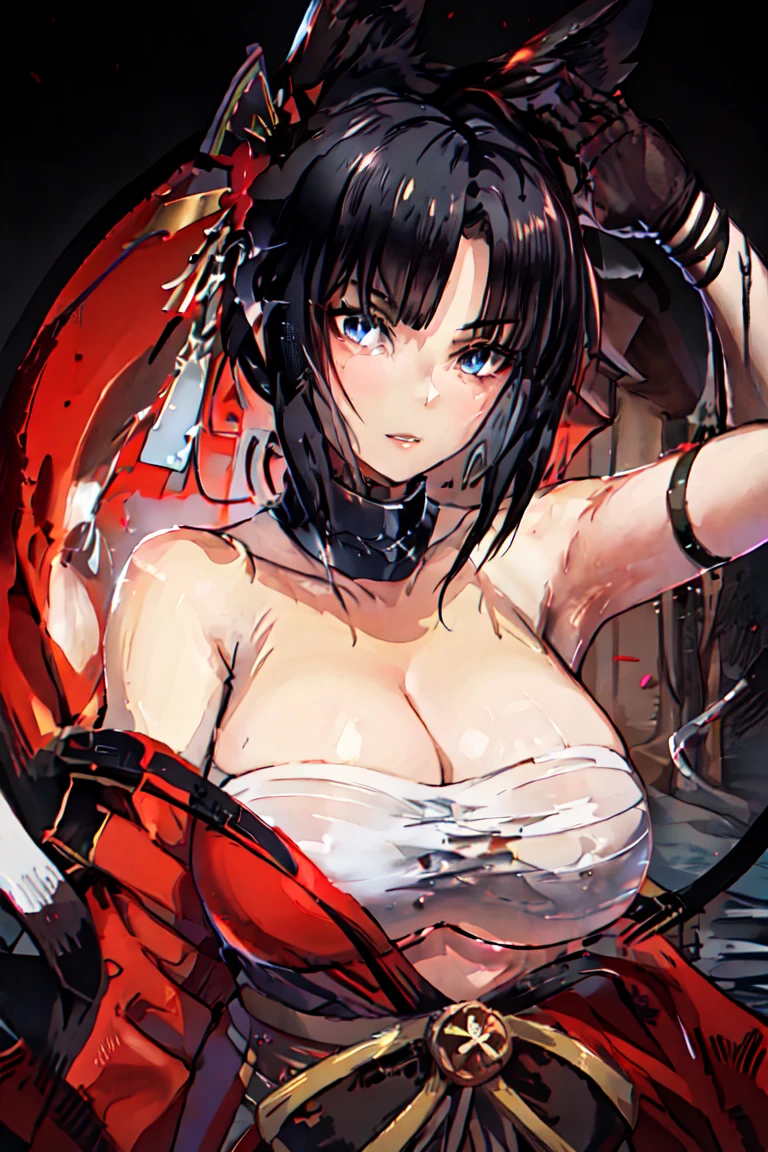 (best qualityer, master part:1.2), 1 girl, standing alone, Goth girl, helpless, (together: 1.2), together tail, blackquality hair, shorth hair, (red latex bikini: 1.2), choker, Beautiful eyes, red eye chest:1.4), (doggystyle: 1.2), begging, from front view, (on his knees: 1.2) dramatic shadows, Wide Lens Angular Distortion