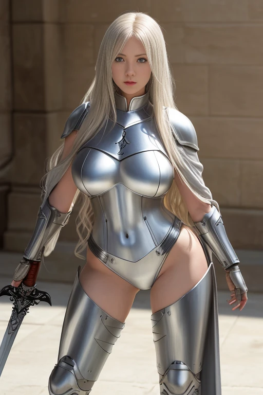 8K, masterpiece, RAW Photos, Highest quality, Realistic, 非常に詳細な CG Unity 8K 壁紙, Depth of written boundary, Cinematic Light, Lens flare, Ray Tracing, (Very beautiful face, Beautiful Lips, Beautiful Eyes), Exquisitely detailed face, ((Highly detailed skin)) One Girl, In the Dark, Deep Shadow, Attractive Russian Model、Nata Lee, ((View your viewers)), (A seductive smile), (Blurred Background), (Large Breasts:1.5), Earrings, bracelet, necklace, Clear Eyes, castle room, Holding a sword, Front shot, (Pale skin), Look forward, (Big eyes), ((Upper Body Shot)), (Camel Toe, shape), ((nice (White Metal Armor) White cape design:1.5)), (Umbilical cord prolapse:1.5), Light blonde hair, (ponytail), ((A seductive smile)), ((Camel Toe)).