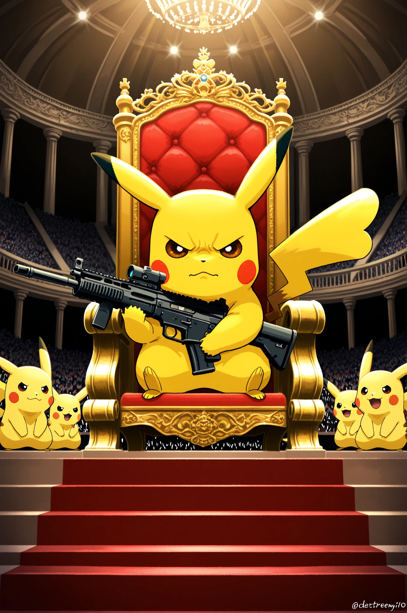 (((solo))),pikachu,DetectivePikachu1024,Pikachu shooting an assault rifle,Pikachu shooting a gun,Pikachu holding a gun,Pikachu with a grim expression,angry Pikachu,Throne,Royal City, audience room,階段の上にThrone,Throneに座るピカチュウ,Pikachu in an armed uprising.