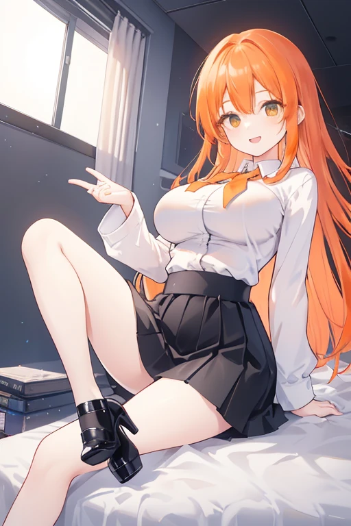 (masterpiece,highest quality, detailed), One girl, alone, indoor, black tights, Point your feet at the camera, Sweat, Ahegao, Roll your eyes, blush, naked、Orange Hair,Messy wavy long hair,open chest white shirt、A tight-fitting shirt、Black flared skirt、Big Breasts