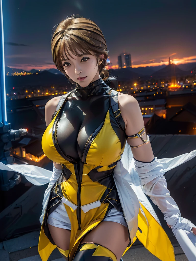 takamori haruka、最high quality、high quality,, ((Masseter muscle area)), ((High resolution)), ((最high quality)), ((Ultra-realistic texture)), detailed, ((Glowing Skin)), (Shiny Yellow Bondage, Ripped black hot pants, Black muffler), Voluptuous bust, exposed navel, Bowl-shaped big breasts, (View from the front, Looking at the audience:1.5)、((background:Inside the futuristic facility:1.4))