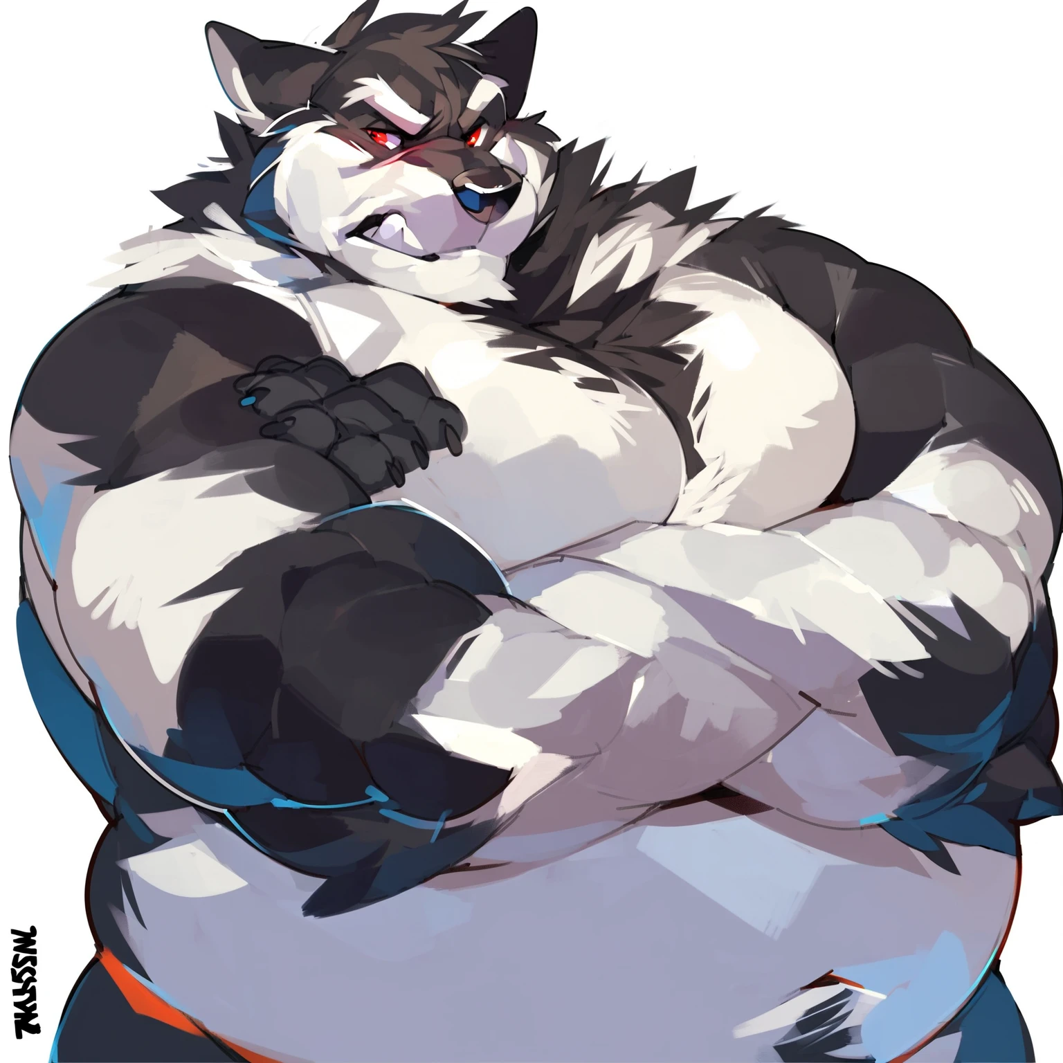 solo, male, wolf, very obese, musclegut, mature male, old, angry, arms crossed and fat, full black dark fur, red eyes, obese body hair, half-body, white background, by mystikfox61, by glitter trap boy, by bebebebebe