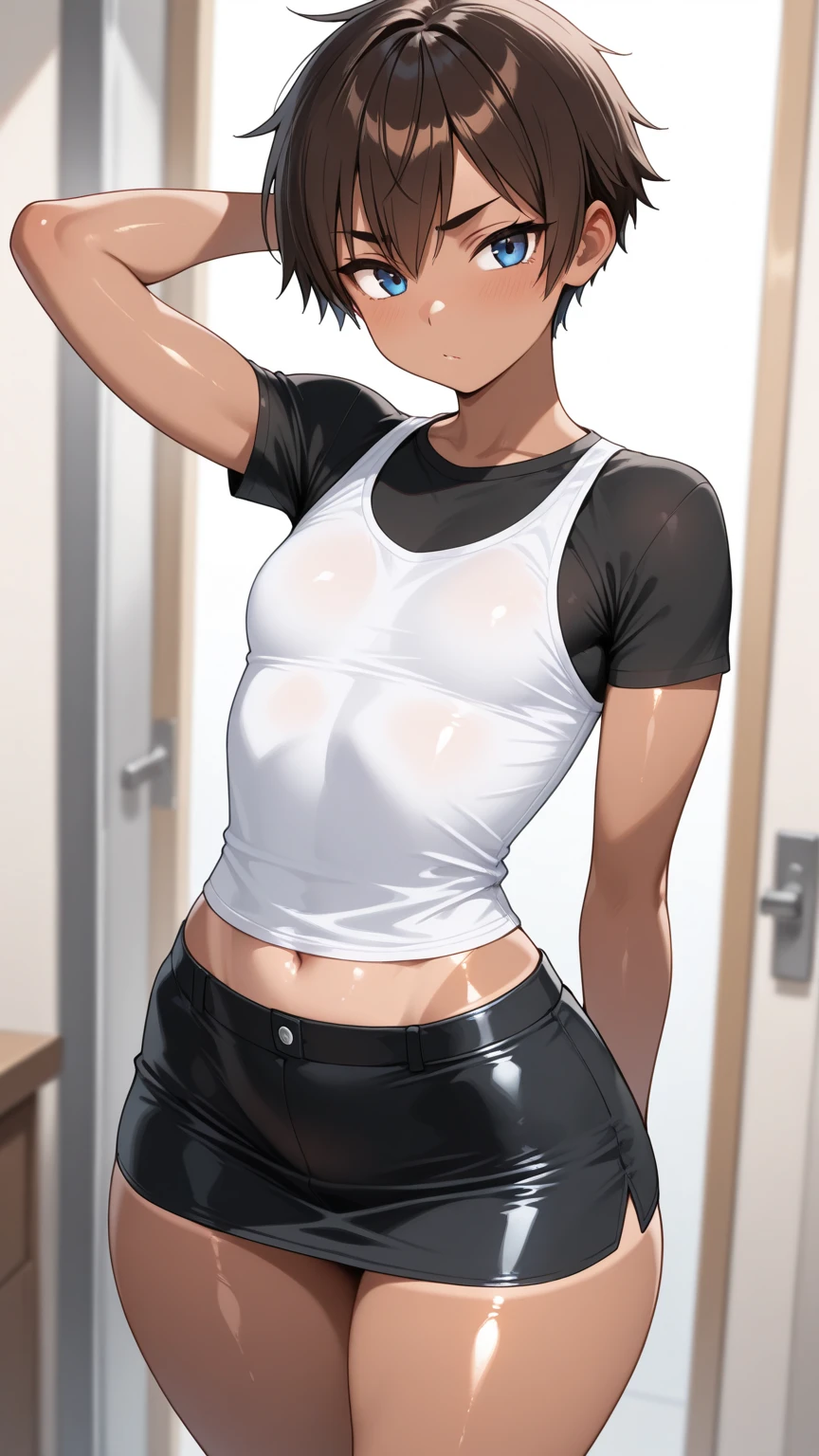 masterpiece, Highest quality, beautiful boys' anime face, 19 old a boy, gay anime hentai, tall, no underwear, bedroom alone, sexy pose, blushing and smile face, Upper body naked, short hair, black eyes, leather shorts, want sex, prostitute boy, full body, crotch emphasis, The gesture of taking off your pants, Touching the groin