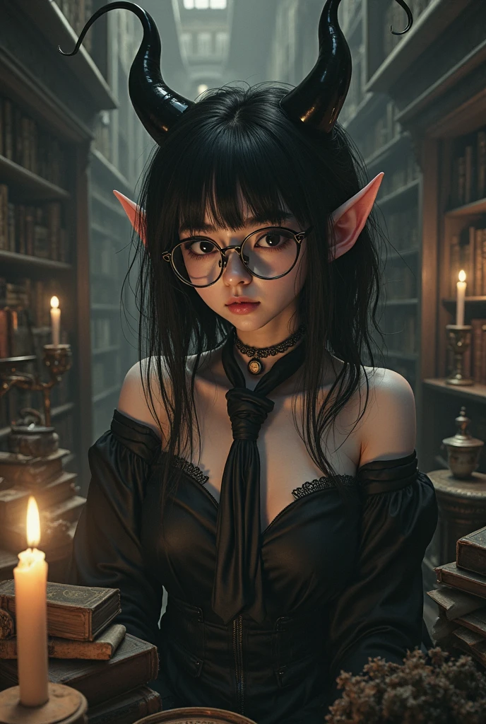 arafed, elf (Masterpiece 1.3, intense details) female, (Masterpiece 1.5, intense details) working in a magical lab (Masterpiece 1.3, intense details) full of magical tinkers, potions, alchemy equipment, wearing black dress, (Masterpiece 1.3, intense details), white robe, black high heels, red hair, blue eyes, black hair, long hair, ponytail, bead necklace, anchor choker, symbol-shaped pupils, snake pupils, makeup, evil smile, serious, Gothic art, cinematic lighting, glowing light, silhouette, wide shot, from outside, Wide-Angle, Ultra-Wide Angle, 8k, highres, best quality, high details