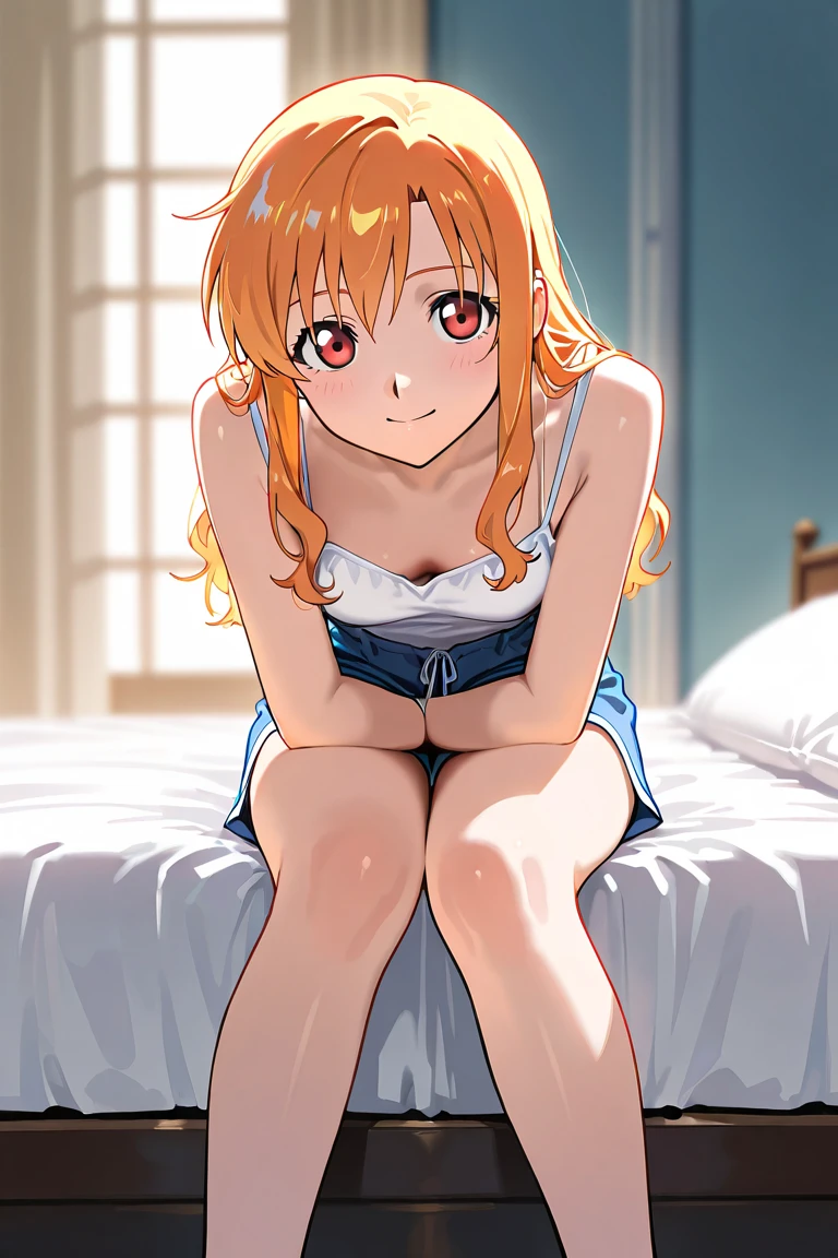 a very sexy cartoon cartoon girl in a white shirt sitting on a bed, 1girl, hoshii miki, blonde hair, breasts, long hair, solo, green eyes, ahoge, shirt, cleavage, sitting, blush, wariza, naked shirt, white shirt,Ichigo Hoshimiya (Aikatsu!),nipple pull
