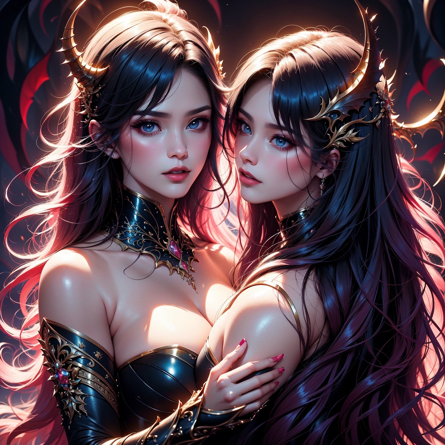 a close up of a woman with a sword and a demon, concept art by Lisa Nankivil, Artstation contest winner, Fantasyart, league of legends style art, league of legends art style, league of legends art, League of Legends character art, arte inicial de League of Legends, league of legend illustration, Arte inicial de League of Legends, Samira do League of Legends