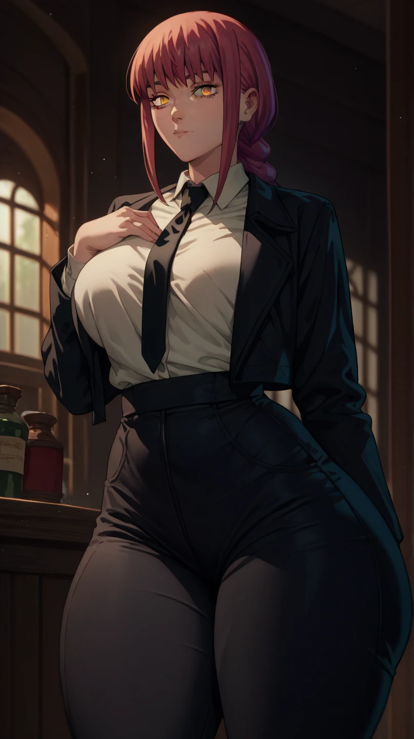 Body position: Standing, straight, symmetrical, barefoot, Lustful smile on face with red blush, Luna Konosuba, Guild receptionist outfit, full body standing, cleavage