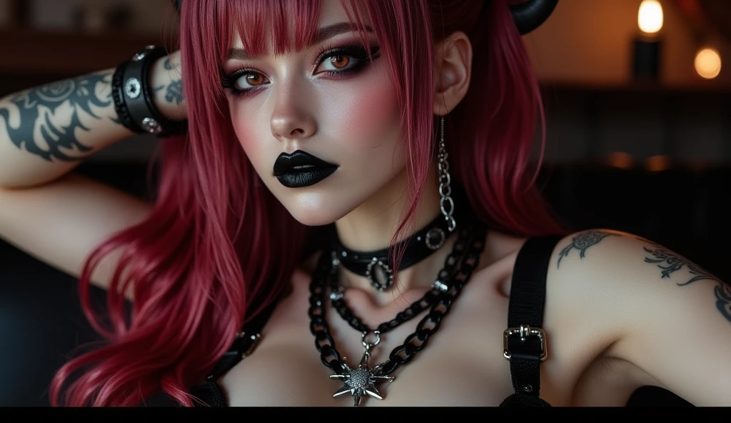 a woman with a distinctive appearance? She has bright red hair, eyes and lips. Her skin has a pale white complexion reminiscent of a vampire. She wears bold makeup and a gothic-style outfit.