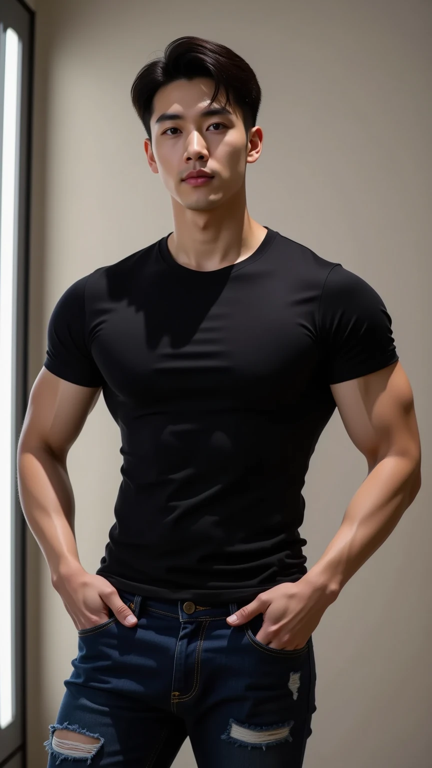 43 years old business man. Hair: short buzzcut, naturally dark hair. Height: 6'5. Body: very muscular and broad. Broad hips and shoulders, slightly narrower hips. Wide, very built. Muscular thighs and arms, veiny arms and large calloused hands. Eyes: dark black, sharp, intimidating. Face: handsome with Asian features and sharp jaw line