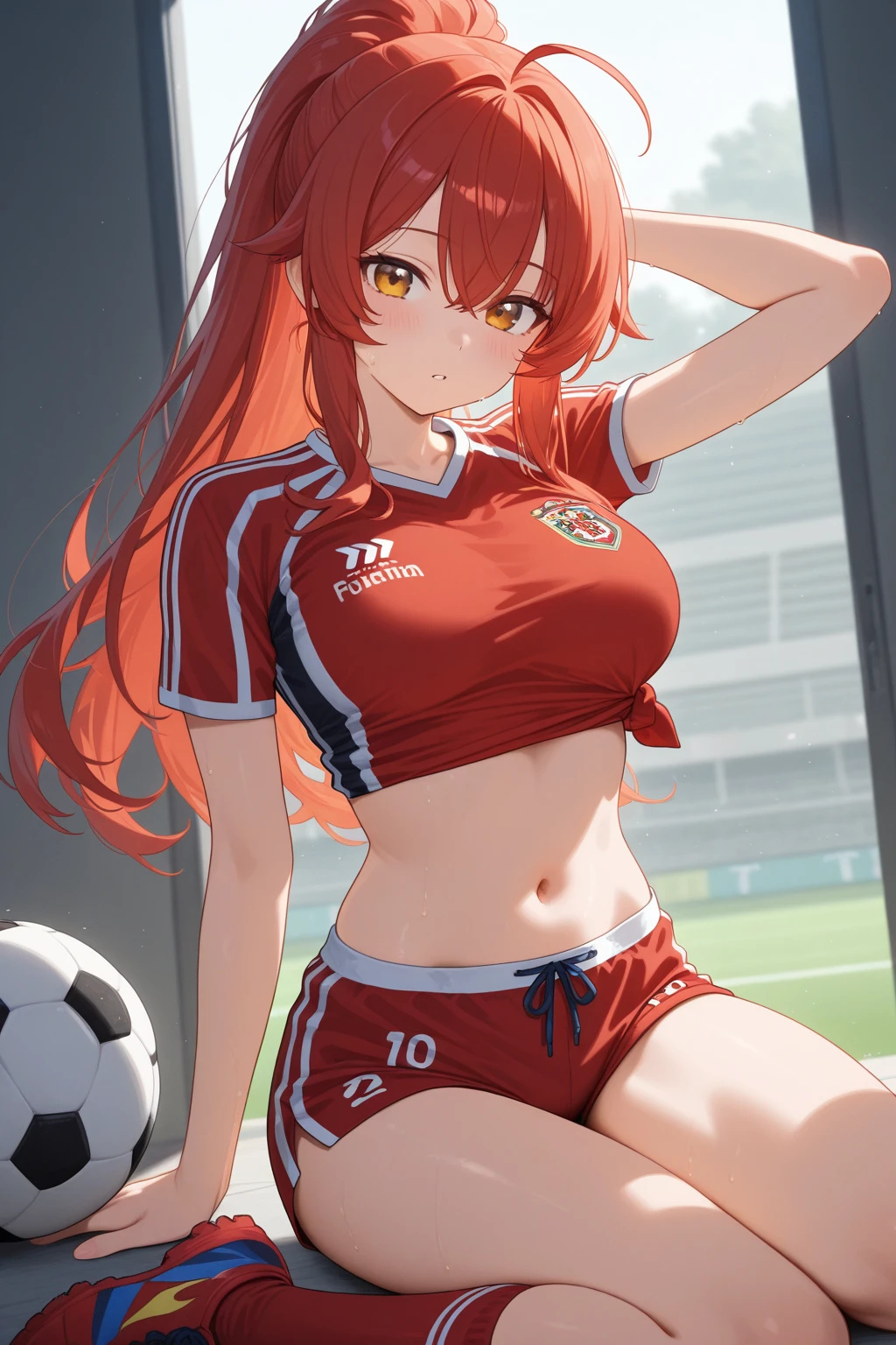 highest quality、Nice sexy body、One Woman、solo、(Beautiful busty woman:1.5)、Medium hair woman、((Woman with dark red hair))、Track and field athlete、A woman wearing a red sports bra with a logo、A woman wearing red high-cut bloomers、Smiling woman、Athletics Stadium