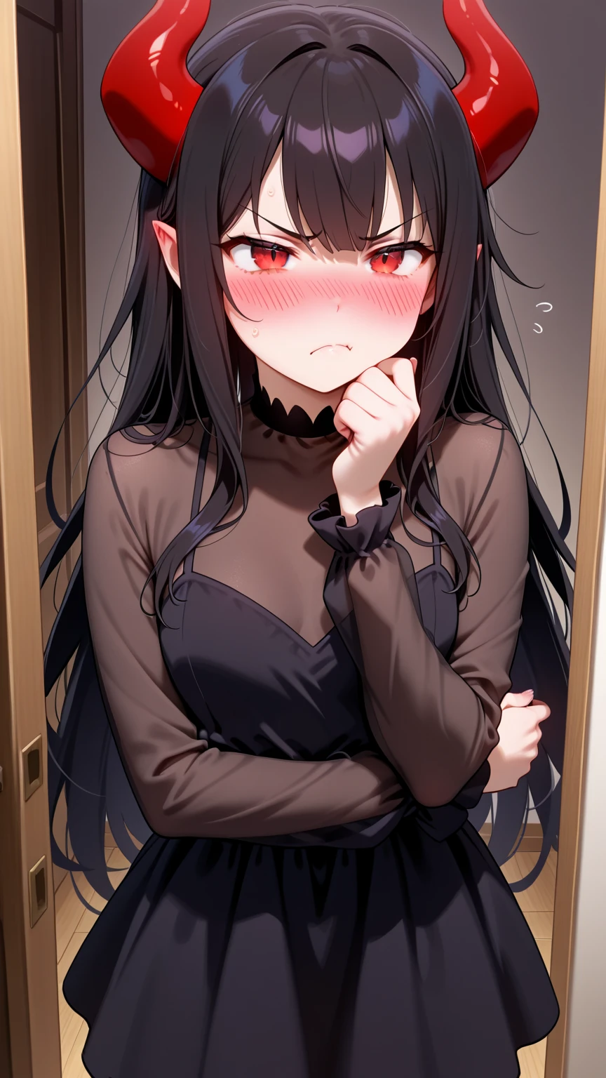 (masterpiece, best quality, highres:1.4), highly detailed, detailed shading, vibrant colors, idolmaster, love live!, 1girl, solo, black hair, red eyes, black shirt, spiked jacket, black pants, inverted cross, inverted cross earrings, pentagram hair ornament, , wide , thick thighs,  paint, black and white makeup, facepaint, makeup, black metal, <lora:corpse_paint_black_metal_makeup:0.8> <lora:punk_v0.2:1>