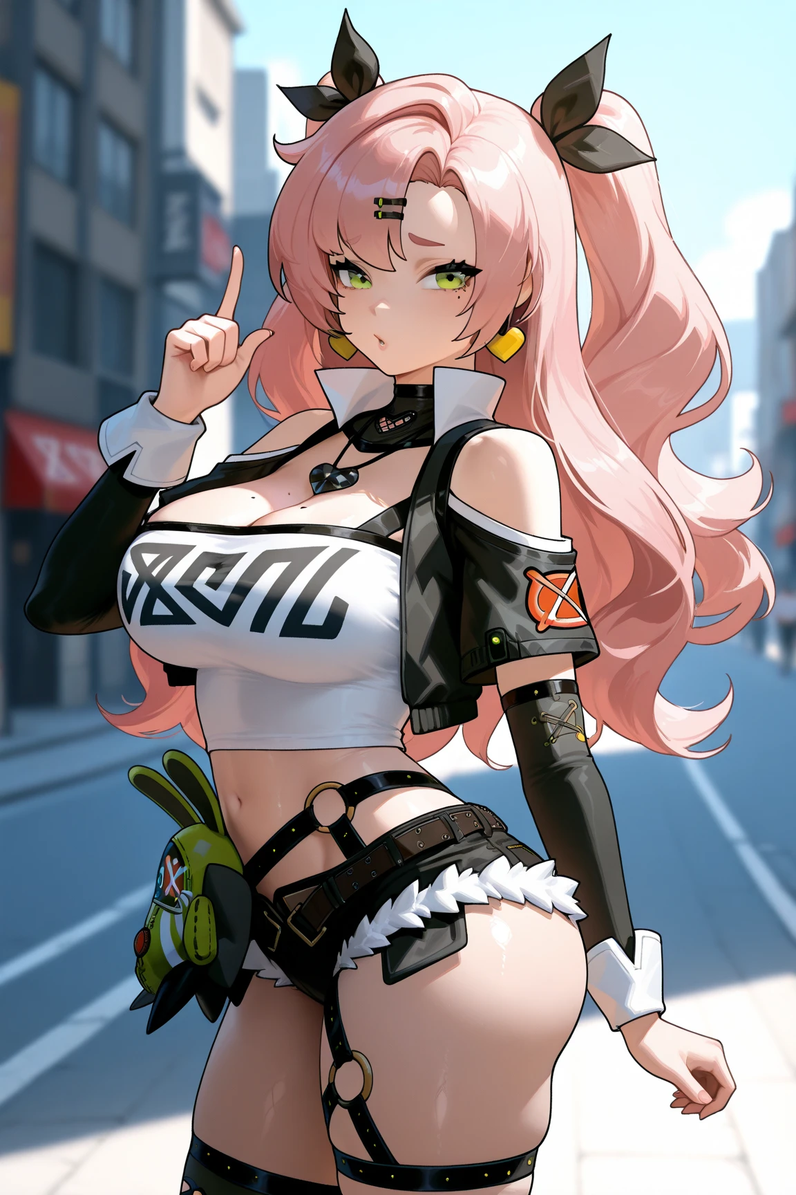 1girl, two_side_up,solo, large_breasts ,highres, nicole_demara,1girl,hair_ribbon, crop_top, looking_at_viewer, cowboy shot, masterpiece, best quality, absurdres, newest, posing, ((SFW))