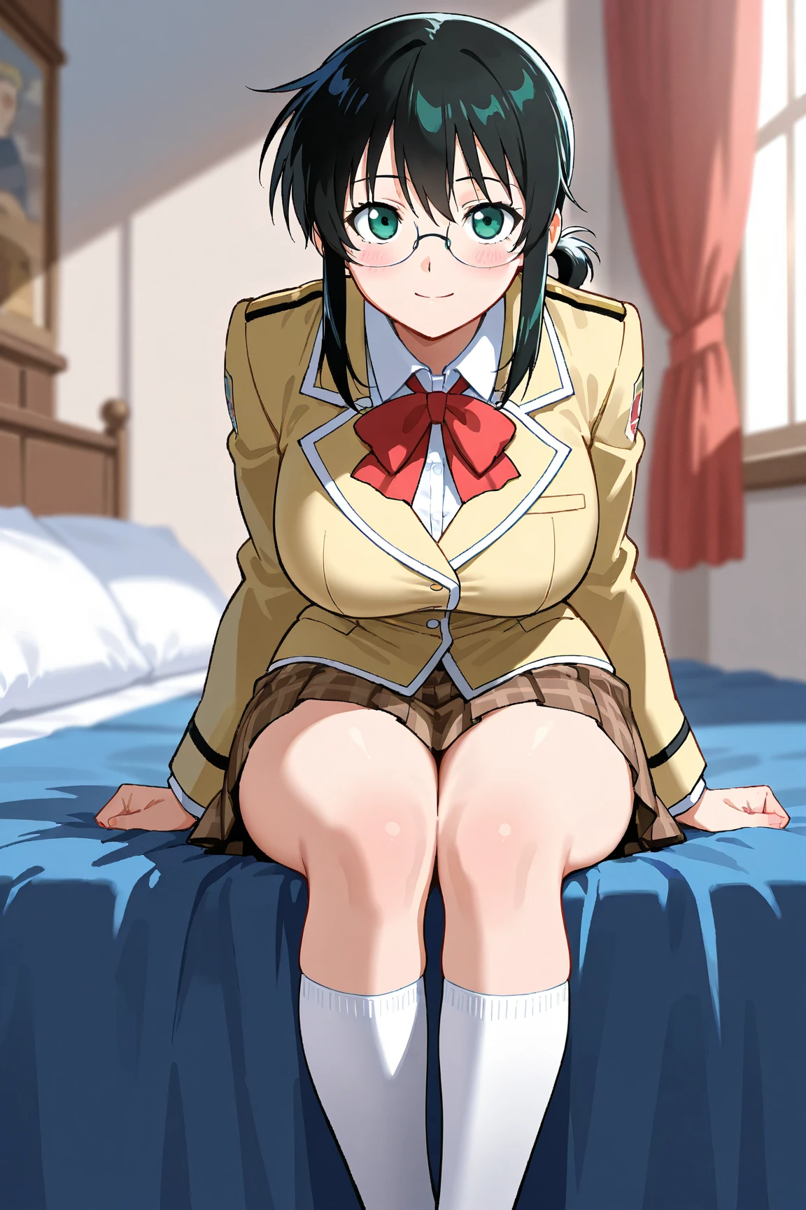 1girl in,(Sitting),(chair),classroom,From above,Looking at Viewer,Tomomi_Xijing, bow ribbon, Short hair, ,red uniform,Winter clothes,Long sleeves,(crossed arms),((bottomless)),((Panties)),Perfect Lighting,Best Quality,,Smile,blush,anime screen cap,Flat color,cel shading,short torso,Show off panties,pantyshot,