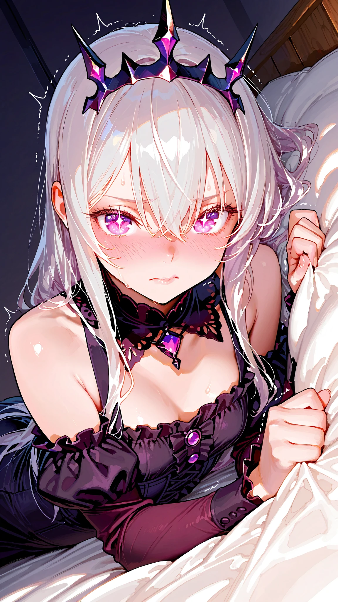 solo, handsome,
1. Female,
Hime cut,Straight Hair,Bob Hair,
White hair,
Nakano Yotsuba,
purple Eyes,Soft look,beautiful,beautiful,Sexy,Darkness,Lots of silver earrings,choker,
White Off Shoulder,White Distressed jeans,Bra,
White skin,
black background,