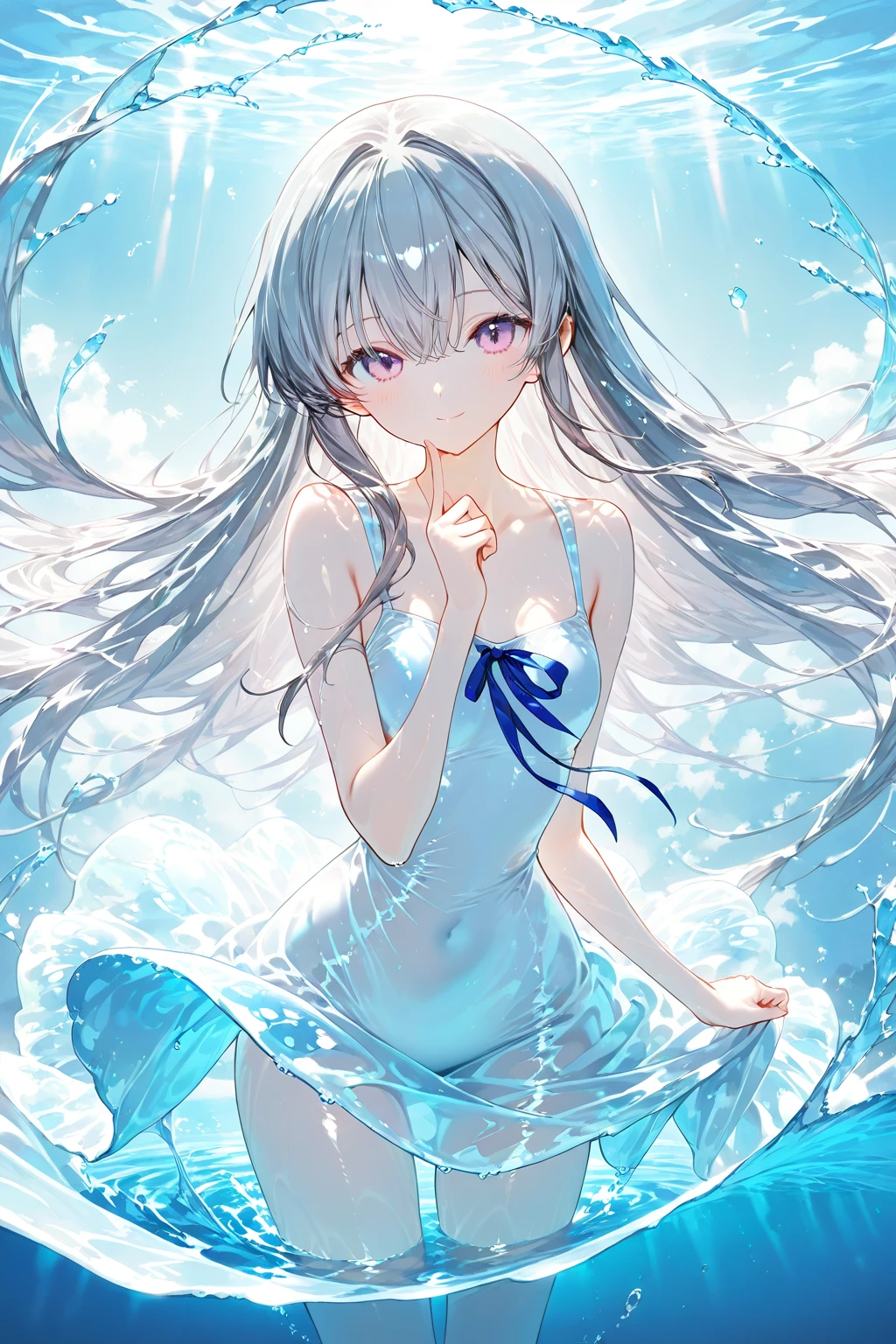 (A close up: 1.2) of an anime teen girl, (standing in a (river), cinematic light, slim body with curves, skin is perfectly white, soft, and smooth, Extremely delicate and beautiful CG illustration, best quality, high resolution, dynamic angle, full-length lens, (1 girl), floating, soft light, high-key lighting), glowing light, purple halo, feathers fluttering background, blue crystal, (((wearing nothing but a white (pure:1.5) (transparent) tank top))), (small hands), (cinematic sunlight), (barefoot)