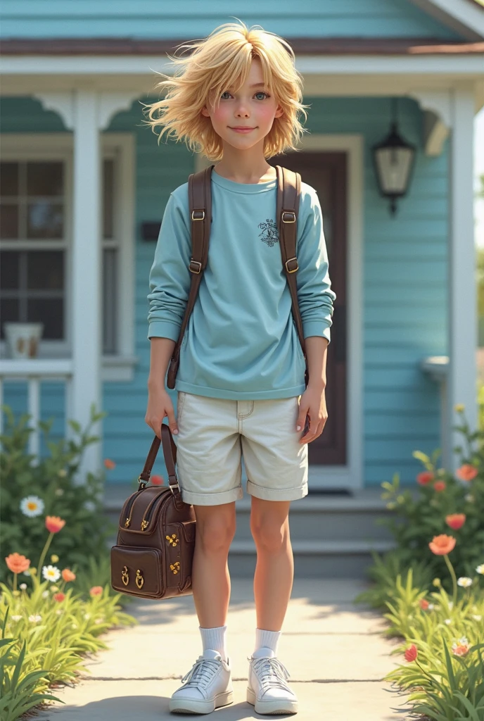 Create an image of a very beautiful girl named Bia, 8 years old, front view, white skin, blue eyes, blonde hair, wearing a brown cap, [red All Star sneakers], dark green shorts, plain white t-shirt, with a brown backpack on her back, hyper realistc, resolution 4K.