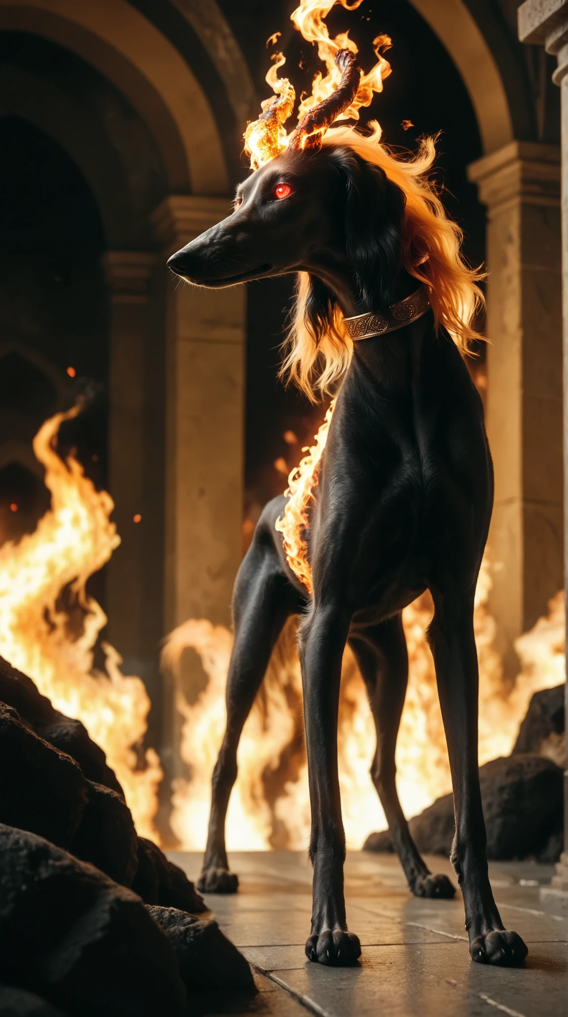girl standing wearing flaming crown and a regal dress. Set inside a volcano with red skies backdrop that is covered in flames. saluki, greyhound, borzoi, sighthound, beautiful eyes, glowing eyes, paws, (black fur), flat chest, monsterlora, giant fire demon, smokey atmosphere, dynamic
