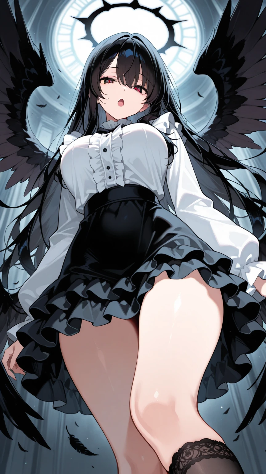 (Line Art,monochromesketch,Pencil drawing,traditional media:0.9), 1girl, breasts, solo, horns, long hair, albedo (overlord), wings, large breasts, dress, hip vent, black wings, white gloves, gloves, looking at viewer, black hair, white dress, bare shoulders, hair between eyes, yellow eyes, feathered wings, demon horns, smile, feathers, demon girl, cleavage, slit pupils, detached collar, bangs, very long hair, closed mouth, black feathers, cowboy shot, covered navel, elbow gloves, white horns, standing, demon wings ,