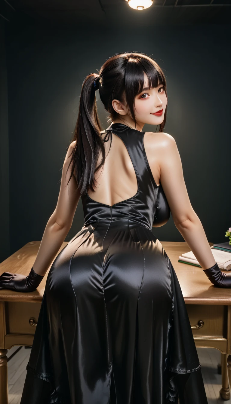 ((masterpiece)), ((Highest quality)), (Super detailed),Realistic, Extremely detailed CG unifies 8K, 8K,(Very beautiful face, Beautiful Lips, Beautiful Eyes),Young and beautiful woman in Japan , Attractive person ,(Full body photo from head to toe:1.3),(Buckshot:1.3),(Accentuate your butt:1.2)、Put your hands on the desk and stick your butt out、(Big Ass)、Curvaceous、(From directly behind:1.4)、(Huge breasts),(Big hip crack), ( Bare back), Beautiful back、(Brush your hair back:1.3)、pretty girl, (Shiny black satin tight dress:1.2),(Thong 1.2),(No sleeve), (Black satin opera gloves:1.4)、(High neck:1.2),(Strapless:1.2),(Wearing knee-high boots), Subtle eye detail,((Beautiful Eyes)), Long Hair, Large Breasts, smile, Super cute face, Glossy Lips, Double eyelids on both eyes, Natural Makeup, Shiny and smooth light brown long bob hair, Asymmetrical bangs, Center image, High resolution, High detail, Detailed hairstyle, Detailed face, Spectacular movie lighting, Octane Rendering, Vibrant, hyper-authistic, Perfect limbs, Perfect Anatomy, (Big Breasts:1.3)、(Place one arm behind your head:1.3)