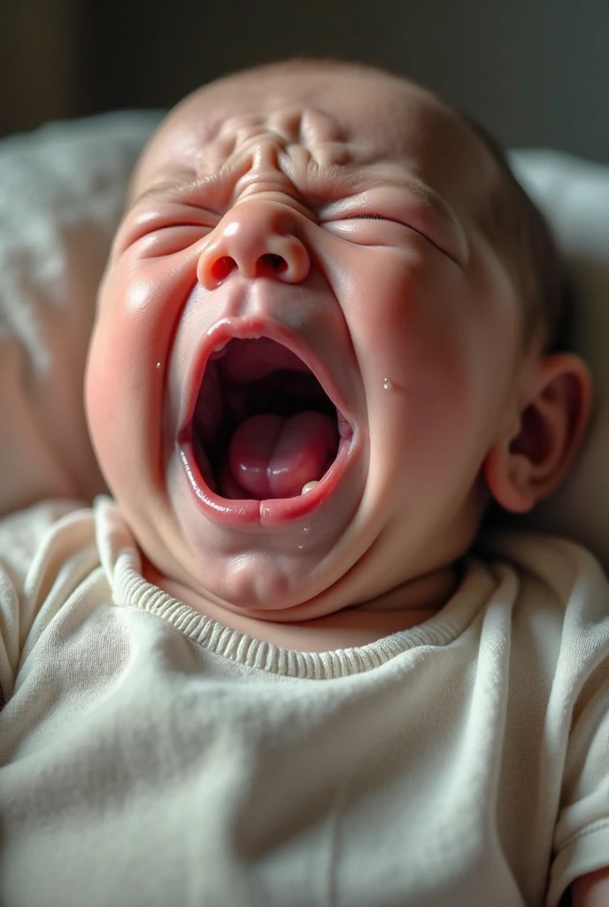 Baby in red clothes crying sitting on a white background