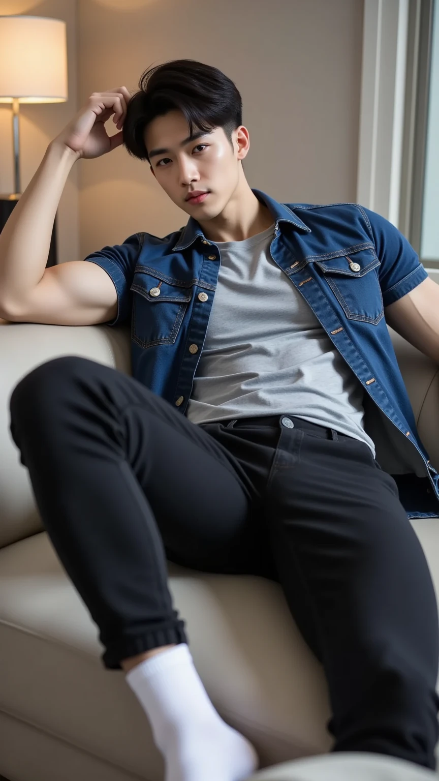 Korean young man, topless, blue jeans, modern hair, wide torso, black shoes.