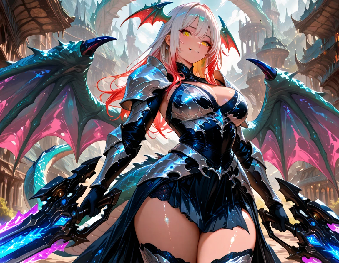 Please follow the all prompts below exactly and faithfully, This is a breathtaking masterpiece of digital illustration, with maximum resolution, UHD, 512K, 2160p, 10 million ppi, 300 million dpi, natural color tones, ultra sharp details, perfect outlines with contrast, ((smooth, soft and clearly and most realistic skin and hair texture)), most beautiful detailed eye features, perfect anatomically correct human body, beautiful background with depth, rule of thirds, depth of field, Maximize all element is used to its full potential to create the best digital illustrations, 1woman, sexy, 25years old, beautiful face sharp, elegant woman, Ultimate perfect body style, beautiful beautiful big breasts, Maximize upturned breasts, green eyes, shiny blonde hair, short hair, bob cut, (eyes visible through hair:1.3), glossy very thick lips, pink lipstick, smile:1.5, 
A demon with large, curved horns and bat-like wings. The demon is wearing a vibrant, intricately patterned outfit with a skirt. The outfit features detailed designs with over 20 elements, including swirling flames, mystical symbols, and ornate armor. The demon is armed with a menacing weapon, adding to its fearsome appearance.