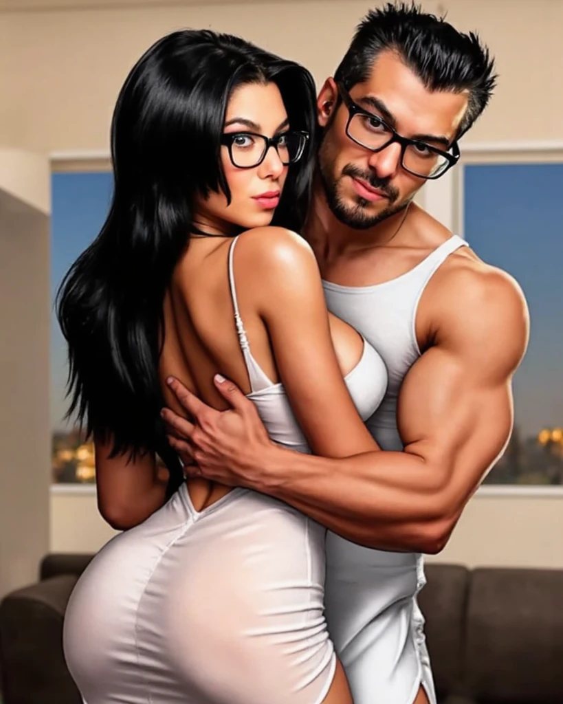 (highest quality:1.5), (masterpiece:1.5), (Radio booth:1.1), (Japanese:1.1), crew cut, eye, huge body, 46 years old, Completely naked, Have sex with a woman, put in, sunglasses, table, Composition from the side